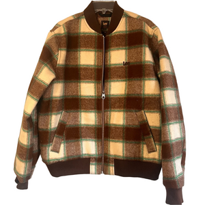 Lee Retro Check Plaid Brown Green Mens Large Ribbed Bomber Jacket Wool Western